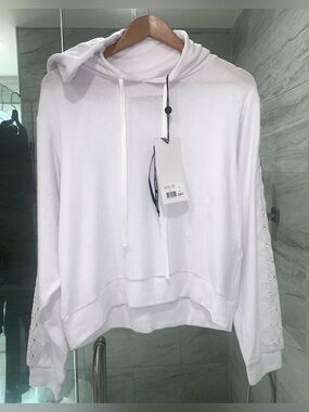 The KOOPLES $228 NWT White Hooded Pullover Top with Lace-Sleeve Detail, Size M.